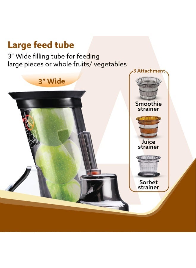 AGARO Imperial Slow Juicer Professional Cold Press Whole Slow Juicer, 240 Watts Power Motor, 3 Strainers, All-in-1 Fruit & Vegetable Juicer, Grey/Black - Image 3